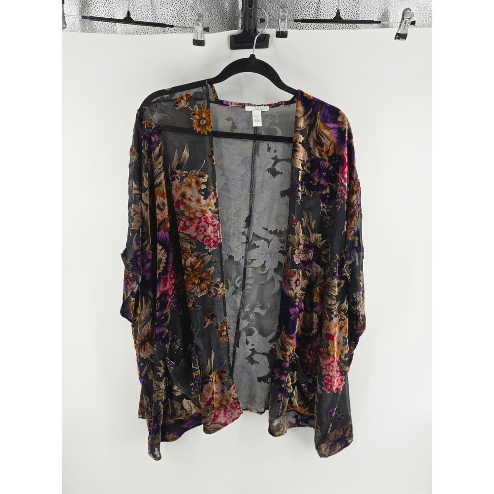 Astars Floral Burnout Velvet Mesh Kimono Cardigan Purple Orange One Size O/S